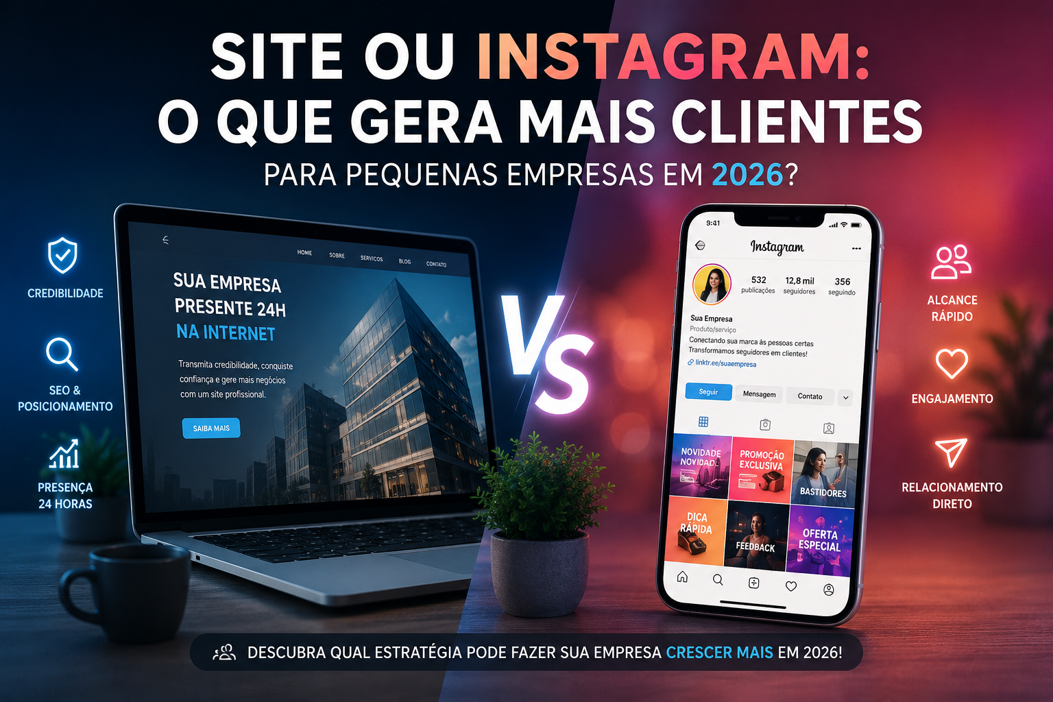 Empresário comparando site profissional e Instagram para atrair clientes